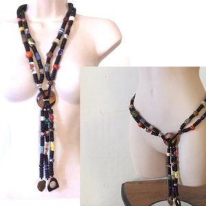 VTG 80s Boho Tribal Beaded Tassel Necklace Belt Mixed Stone Wood Glass 23”
